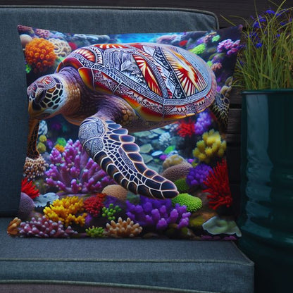 Coussin Déco Haut de Gamme - Une Tortue Luth nageant parmi les coraux