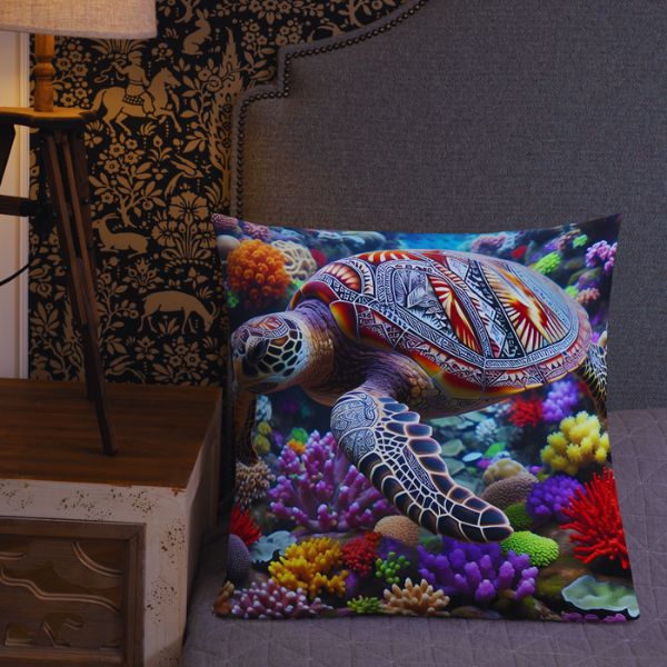 Coussin Déco Haut de Gamme - Une Tortue Luth nageant parmi les coraux