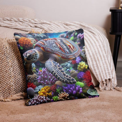 Coussin Déco Haut de Gamme - Une Tortue Luth nageant parmi les coraux