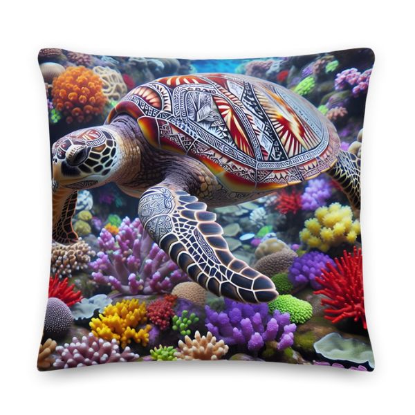 Coussin Déco Haut de Gamme - Une Tortue Luth nageant parmi les coraux