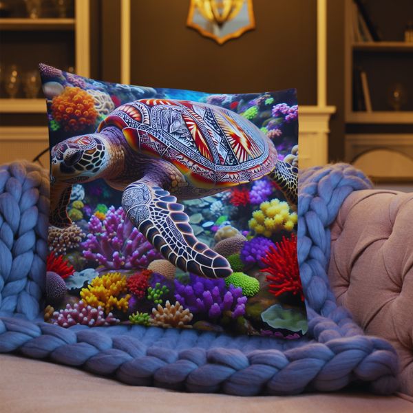 Coussin Déco Haut de Gamme - Une Tortue Luth nageant parmi les coraux